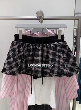 UR&DC2025秋季新款设计感休闲松紧腰抽绳破洞毛边A字短裙叠层半裙