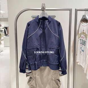 UR&DC2025秋季新款休闲潮流运动风撞色线条超宽松短款外套女夹克