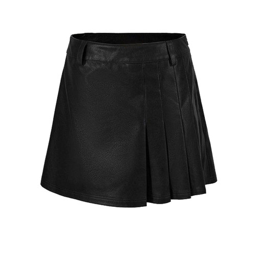 UR&DC2024秋冬款高级感气质质感百褶高腰半裙黑色PU皮裙短裙A字裙
