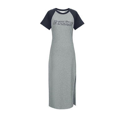 UR&DC2024夏季新款复古印花拼接插肩短袖开衩连衣裙女圆领中长裙