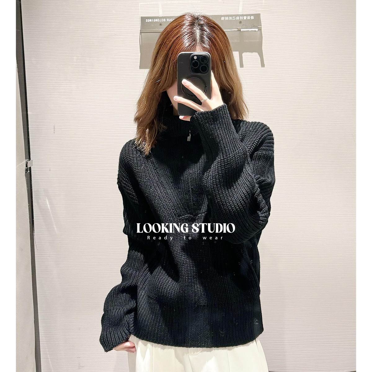 UR&DC2025秋季新款法式气质简约翻领拉链肌理感长袖针织衫女上衣