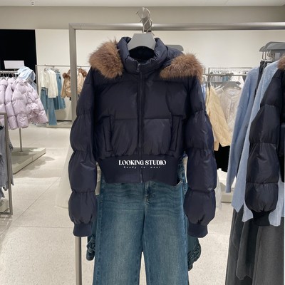 UR&DC2025冬季新款高级感气质休闲毛领连帽插袋超短款棉服外套女