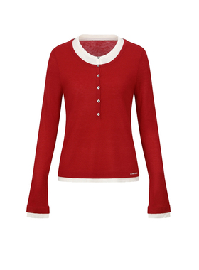 UR&DC2026春季新款潮流红色撞色拼接假两件修身长袖针织衫女上衣