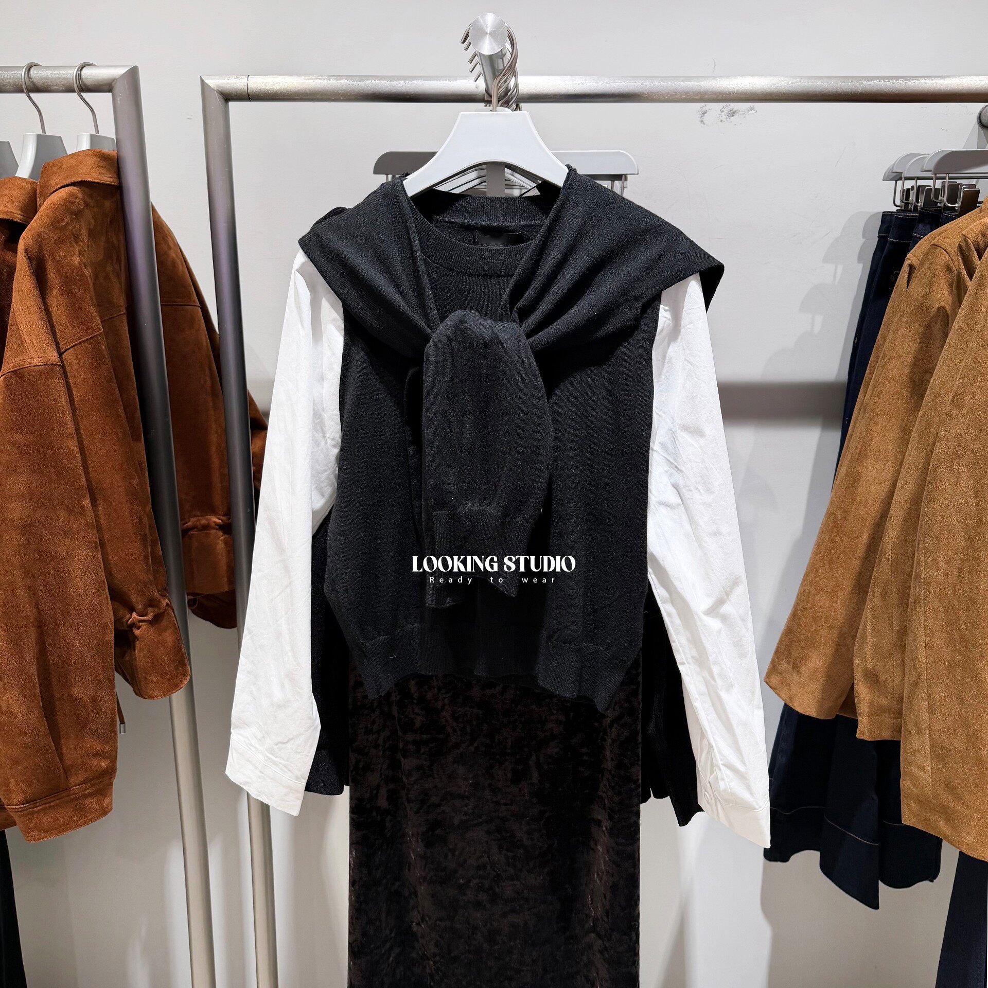 UR&DC2026春季新款法式气质撞色拼接假两件绑带披肩长袖针织衫女