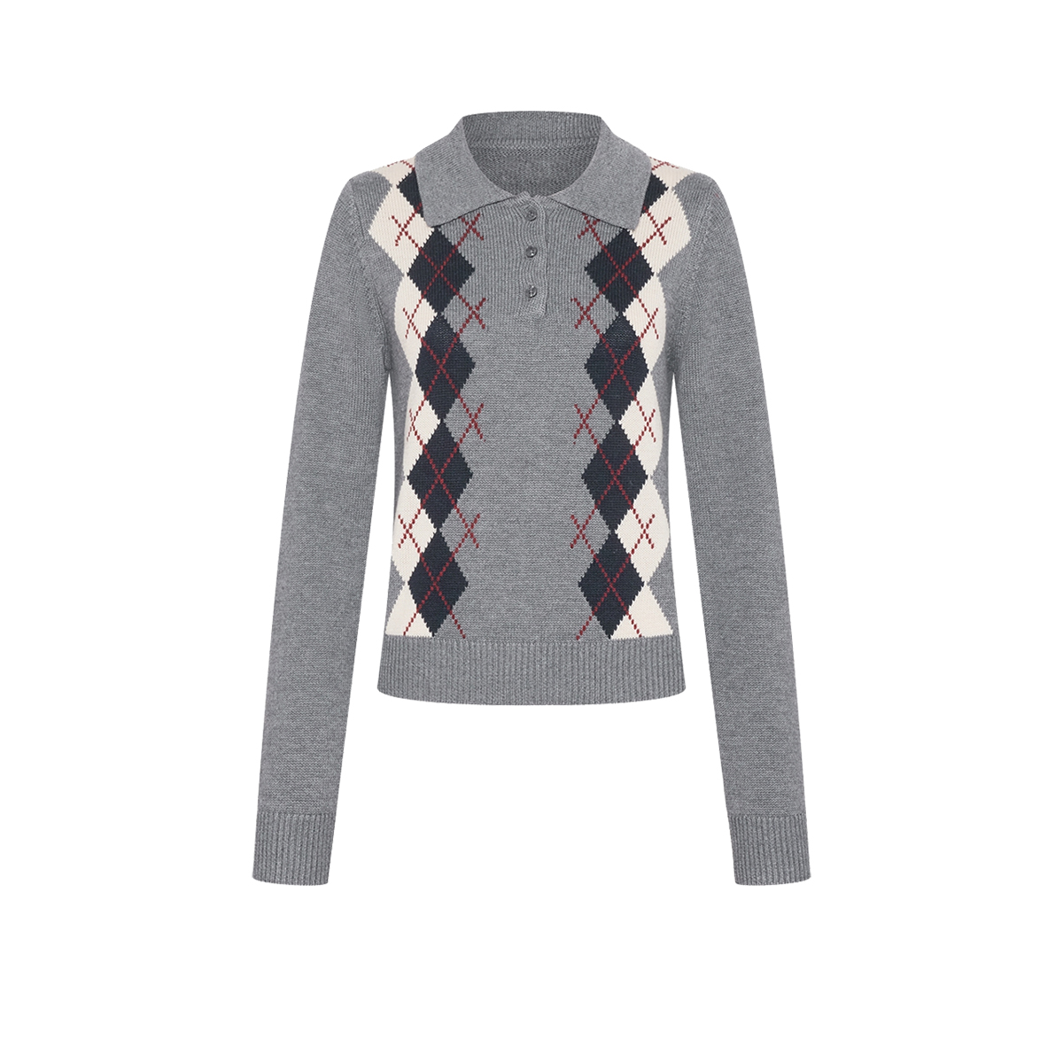 UR&DC2025春季新款复古知识分子学院风菱格POLO长袖针织衫女上衣