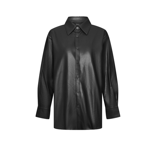 UR&DC2025秋季新款通勤复古休闲摩登质感PU皮宽松罩衫长袖衬衫女