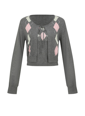 UR&DC2026春季新款时尚都市假两件撞色菱格修身针织开衫女短上衣