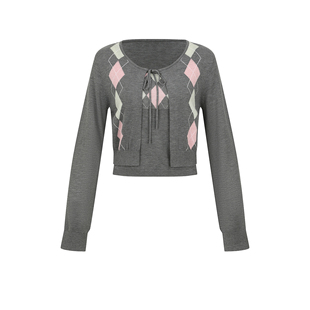 UR&DC2026春季新款时尚都市假两件撞色菱格修身针织开衫女短上衣