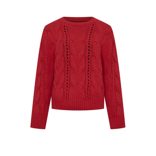 UR&DC2025春季新款镂空绞花肌理感新年战袍圆领针织衫女红色毛衣
