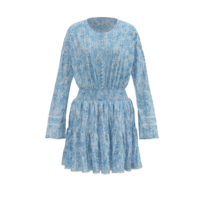 UR&DC2025春季新款法式气质度假风印花打揽褶皱系带长袖连衣裙女