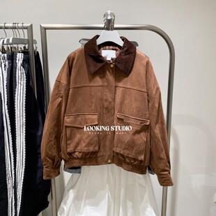 UR&DC2025冬季新款复古宽松流光风拼接翻领双口袋短款棉服外套女