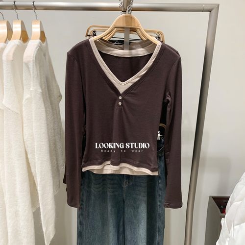 UR&DC2025秋季新款钟楚曦同款休闲假两件修身V领长袖T恤女打底衫