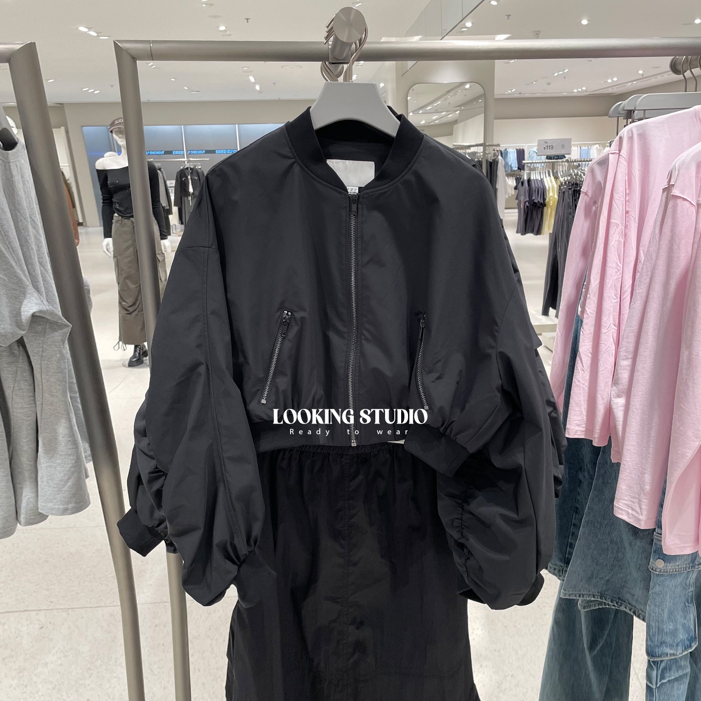 UR&DC2025秋季新款宽松潮流机能拉链罗纹收口短款外套女黑色夹克