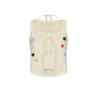 UR&DC2026春季新款粉彩风假两件系带镂空无袖针织衫女短款上衣棉