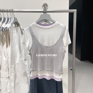 UR&DC2025夏季新款设计感休闲简约假两件式圆领修身短袖T恤女上衣