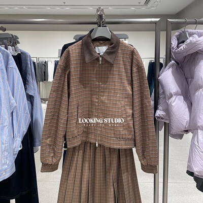 UR&DC2025秋季新款复古琥珀流光风撞色小翻领格纹短款外套女夹克