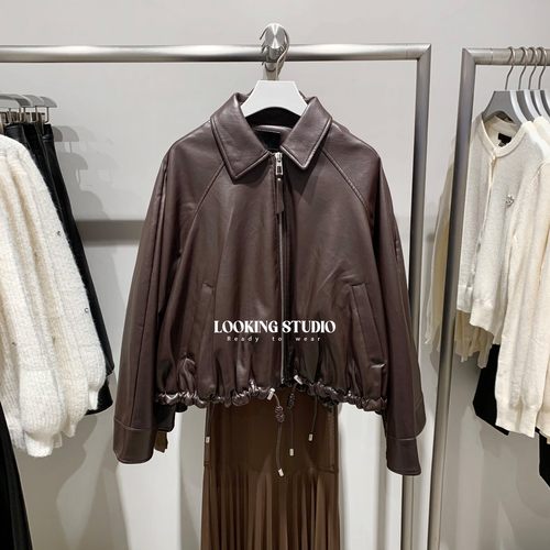 UR&DC2025秋季新款美拉德穿搭复古流光风抽绳宽松PU皮短款外套女