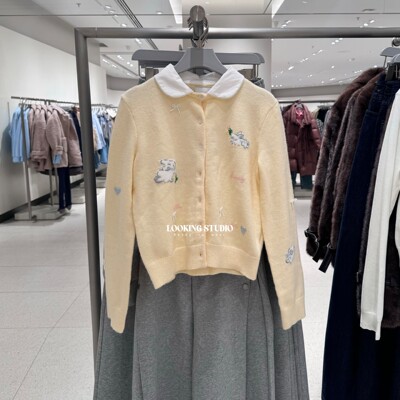 UR&DC2026春季新款甜美休闲撞色童趣兔子提花长袖针织开衫女上衣