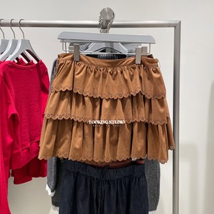 UR&DC2026春季新款棕色琥珀流光风镂空蛋糕超短款半裙A字裙短裙子