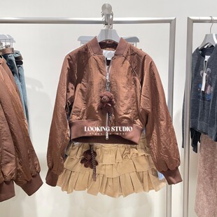 UR&DC2025秋季新款流光风撞色绳结小熊玩偶拉链超短款棉服外套女