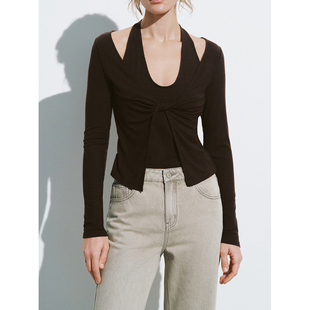 UR&DC2025秋季新款设计感挂脖上衣假两件扭结修身打底衫长袖T恤女