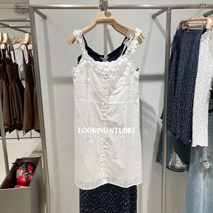 UR&DC2025夏季新款法式气质度假波嬉风白色收腰木耳边吊带连衣裙