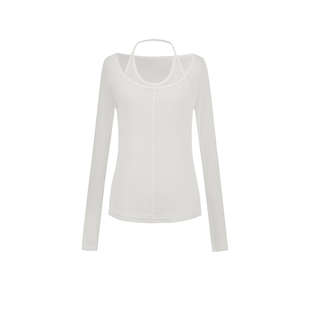 UR&DC2025春季新款设计感假两件拼接挂脖长袖T恤女白色修身上衣