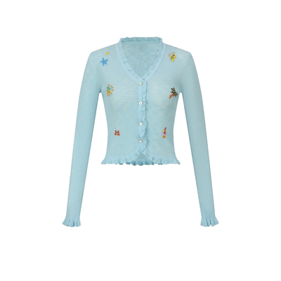 UR&DC2026夏季新款休闲粉彩风度假刺绣荷叶边针织开衫女短款上衣