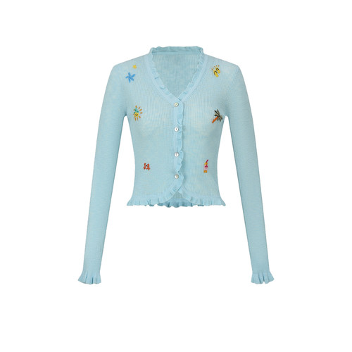 UR&DC2026夏季新款休闲粉彩风度假刺绣荷叶边针织开衫女短款上衣