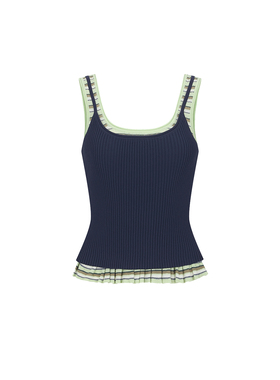 UR&DC2025夏季新款撞色休闲假两件设计感吊带针织衫女木耳边上衣