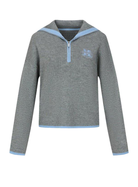 UR&DC2024冬季新款美式学院风撞色图案拉链翻领长袖针织衫女上衣