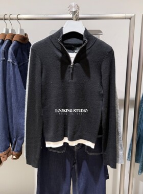 UR&DC2026春季新款法式气质假两件拼接立领修身短款针织衫女上衣