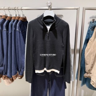 UR&DC2026春季新款法式气质假两件拼接立领修身短款针织衫女上衣