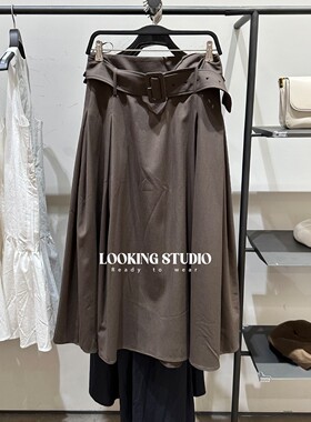 UR&DC2025秋季新款复古摩登气质通勤配腰带装饰A字裙中长款半身裙