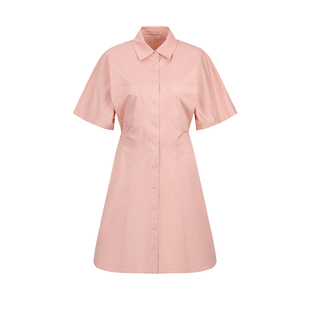 UR&DC2026夏季新款简约粉色气质通勤翻领收腰显瘦短袖衬衫连衣裙