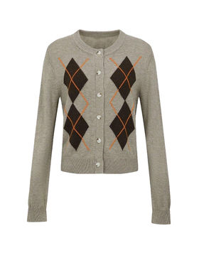 UR&DC2026春季新款复古琥珀流光风撞色菱格纹提花长袖针织开衫女