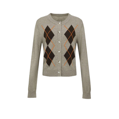 UR&DC2026春季新款复古琥珀流光风撞色菱格纹提花长袖针织开衫女