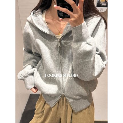 UR&DC2025秋季新款运动休闲感灰色宽松双拉链短款连帽外套女上衣