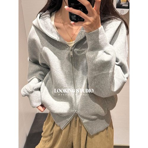 UR&DC2025秋季新款运动休闲感灰色宽松双拉链短款连帽外套女上衣