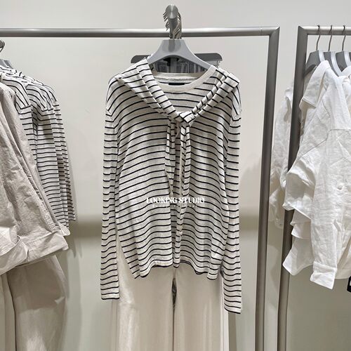 UR&DC2026春季新款设计感气质休闲宽松条纹珠饰披肩长袖针织衫女