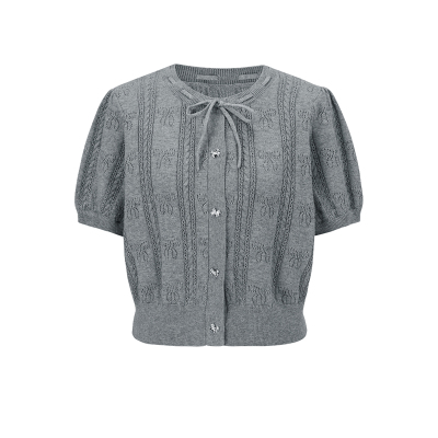 UR&DC2026夏季新款法式miu系蝴蝶结系带灰色短袖针织衫女短款上衣