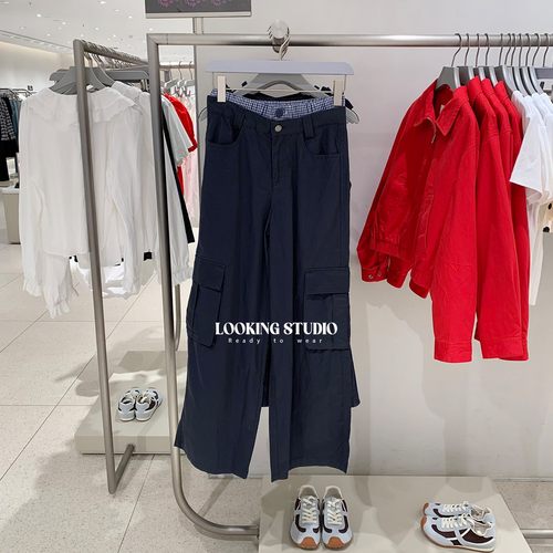 UR&DC2025秋季新款休闲格纹拼接腰头工装风口袋棉质长裤阔腿裤女