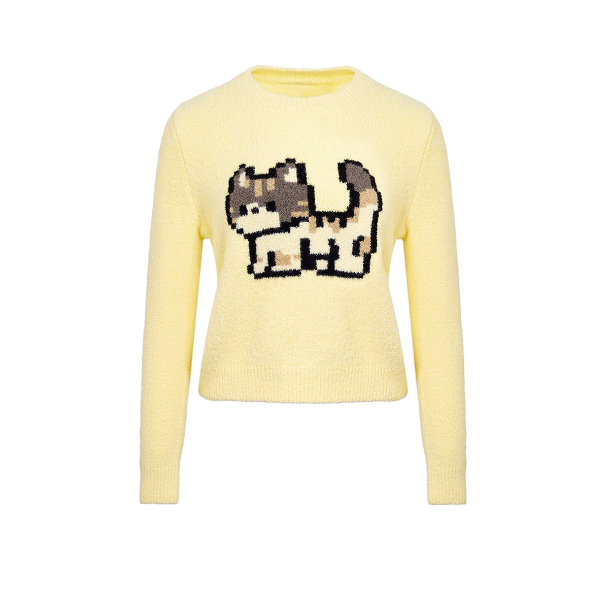 UR&DC2024冬季新款浅黄色甜美减龄撞色图案软糯圆领套头针织衫女