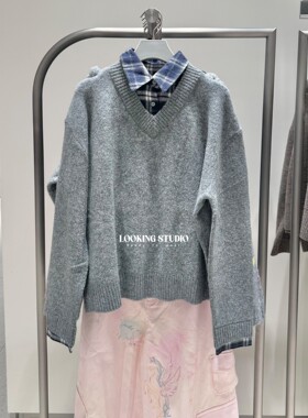 UR&DC2026春季新款学院气质潮流格纹拼接假两件长袖针织衫女上衣