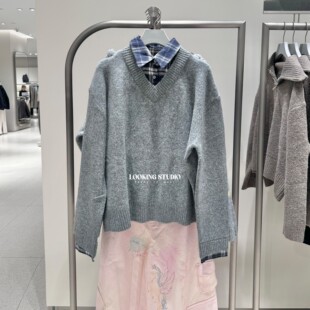 UR&DC2026春季新款学院气质潮流格纹拼接假两件长袖针织衫女上衣