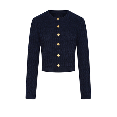 UR&DC2024秋季新款复古法式小香风金属扣圆领针织开衫女短款上衣