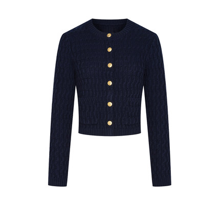 UR&DC2024秋季新款复古法式小香风金属扣圆领针织开衫女短款上衣