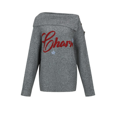 UR&DC2025冬季新款设计感潮流撞色字母提花纽扣饰一字领针织衫女