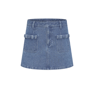 UR&DC2025春季新款休闲减龄蝴蝶结装饰浅蓝色牛仔半裙女短裙A字裙