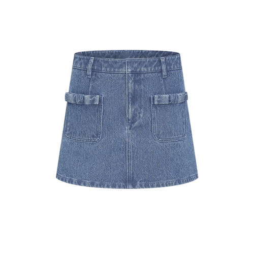 UR&DC2025春季新款休闲减龄蝴蝶结装饰浅蓝色牛仔半裙女短裙A字裙